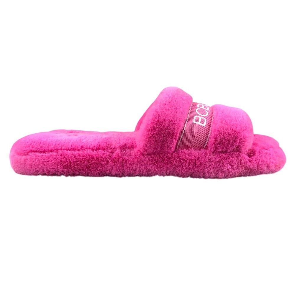 BCBGeneration Women's Medium 7-8 Pink Faux Fur Logo Open Toe Slides Slippers